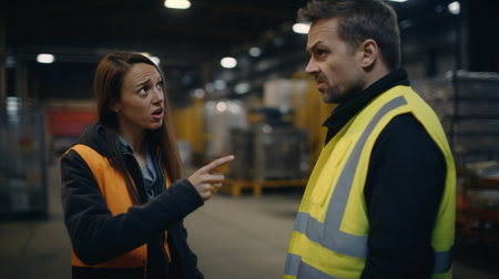 Warehouse staff talking to each other at warehouse. This is a freight transportation and distribution warehouse. Industrial and industrial workers conceptの素材