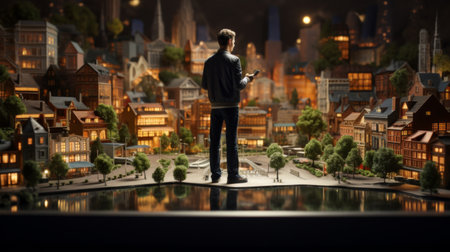 Rear view of a man standing on the edge of a pond with miniature cityの素材