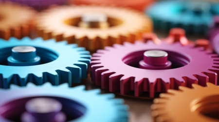 Colorful gears close-up. Mechanism, teamwork and business conceptの素材
