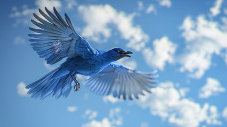 Blue bird flying in the blue sky with white clouds. 3d renderingの素材