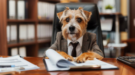 Jack russell terrier dog in a suit and tie sitting at the desk in the officeの素材