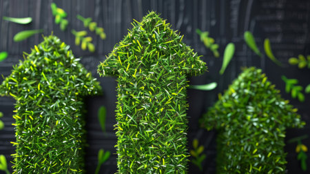 Green grass arrows on black wooden background. 3d render illustration.の素材