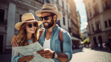 Beautiful young couple is looking at map and smiling while traveling togetherの素材