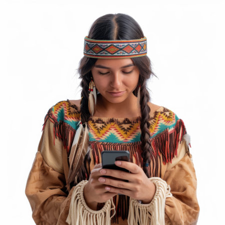 Portrait of a beautiful young woman dressed in native american clothes using mobile phone against white backgroundの素材