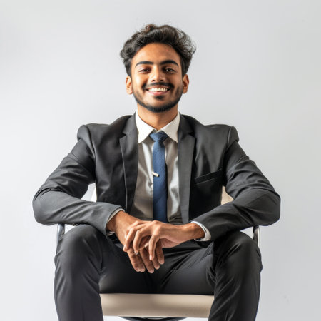 indian business man sitting on chair and looking at camera with smileの素材