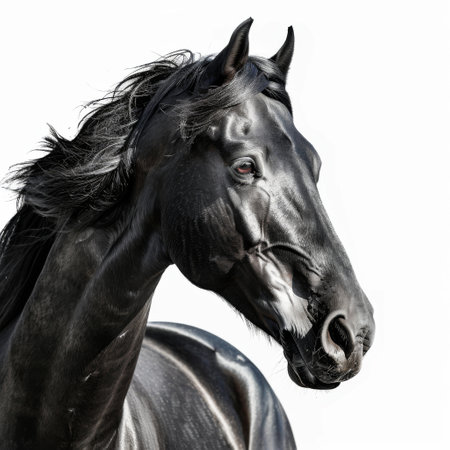 Portrait of a black stallion in motion on a white backgroundの素材