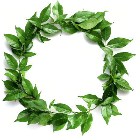 green leaves frame isolated on white background. flat lay, top viewの素材