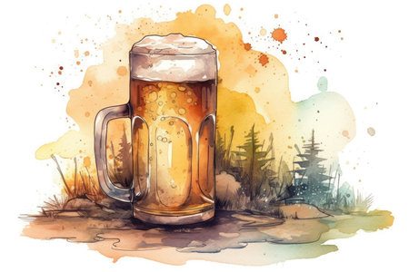 Mug of beer on a watercolor background. Vector illustration.の素材