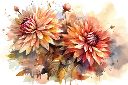 Autumn dahlia flowers. Watercolor painting on white backgroundの素材