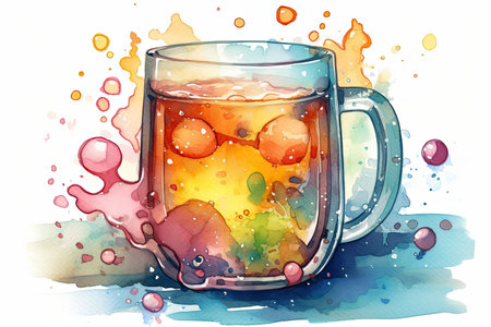 Illustration of a glass of fruit tea with splashes and dropsの素材