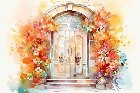 Watercolor painting of an entrance to a house decorated with flowers.の素材
