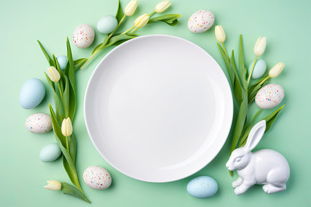 Elevate your Easter dÃ©cor with this stunning top-view photo featuring a white circle filled with fresh tulipsの素材