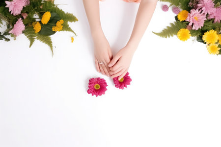 Female hands with manicure and flowers on white background, top viewの素材