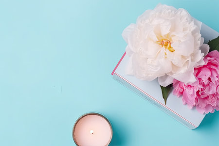 White peony flowers and candle on blue background. Flat lay, top viewの素材