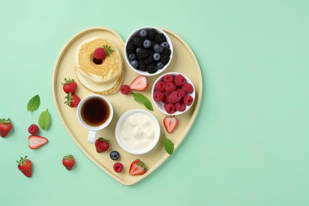 Plate with tasty pancakes and berries on color background, top viewの素材