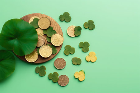 Golden coins with clover leaves on green background. St. Patrick's Day conceptの素材
