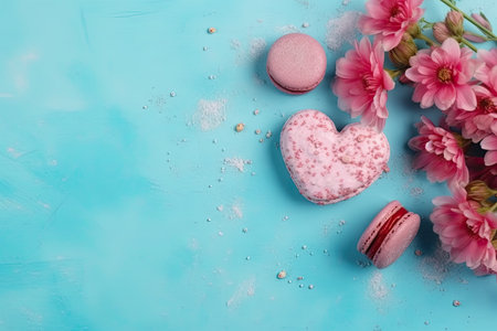 Colorful macaroons with pink flowers on blue background. Copy space.の素材