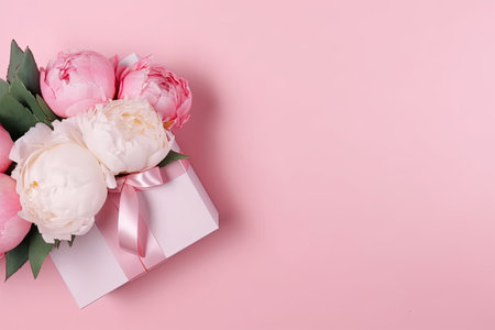 Bouquet of peonies and gift box on pink background.の素材