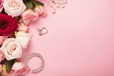 Wedding rings and bouquet of roses on pink background.の素材