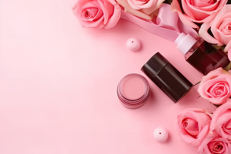 Flat lay composition with cosmetic products and pink roses on pink backgroundの素材