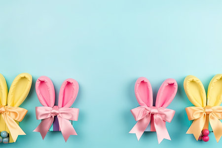 Easter bunny ears on pastel blue background with copy space.の素材