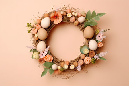 Easter wreath with eggs, flowers and leaves on beige backgroundの素材