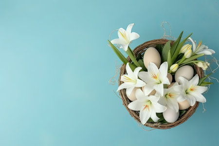Easter eggs in a basket with flowers on a blue background.の素材