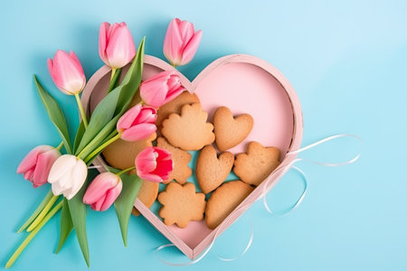 Bouquet of tulips and heart shaped cookies on blue backgroundの素材