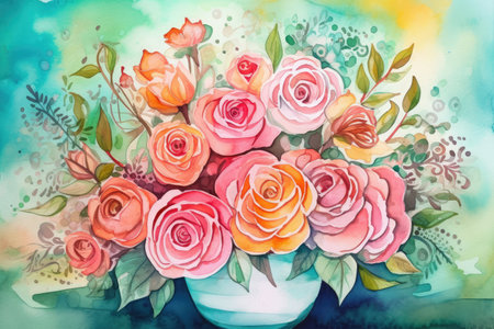 Watercolor painting of a bouquet of roses in a vaseの素材