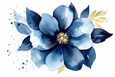 Blue watercolor flower on a white background. Hand-drawn illustration.の素材