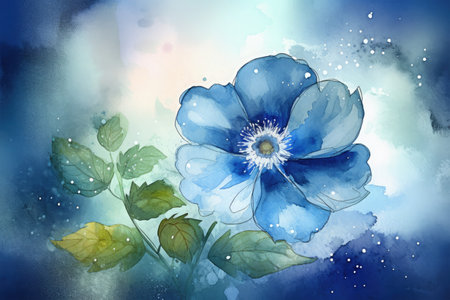 Watercolor illustration of anemone flower on a blue background.の素材