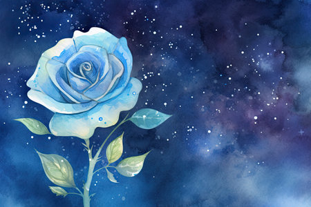 Watercolor blue rose on the background of the starry sky.の素材