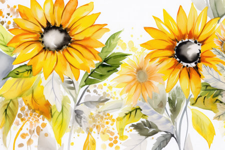Watercolor sunflowers on white background. Hand painted illustration.の素材