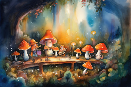 Fantasy forest with mushrooms. Children's illustration. Watercolor.の素材