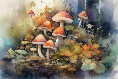 Watercolor painting of mushrooms in the autumn forest. Illustration for your designの素材