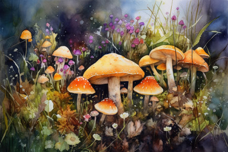 mushrooms in the autumn forest, watercolor painting on canvasの素材