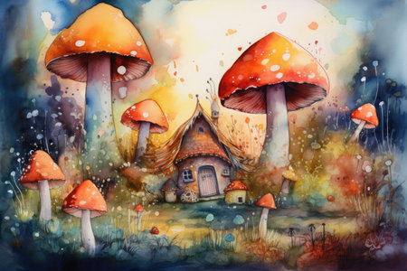 Mushroom house in the autumn forest. Watercolor painting.の素材