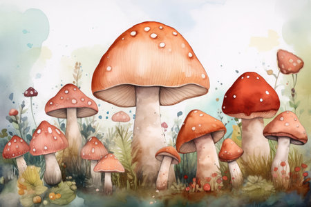 Watercolor mushrooms in the forest. Illustration for childrens books.の素材
