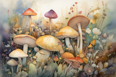 mushrooms in the autumn forest. watercolor painting, illustrationの素材
