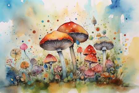 Watercolor illustration of mushrooms in the forest. Colorful background.の素材