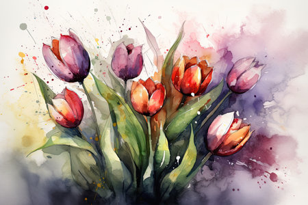 Beautiful bouquet of tulips on a watercolor background.の素材