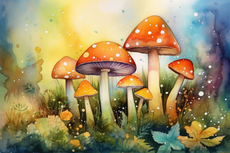 watercolor illustration of mushrooms in the forest on a sunny day.の素材