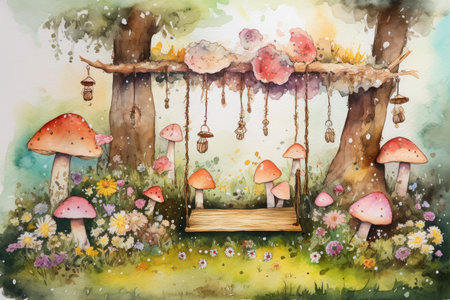 Watercolor illustration of mushrooms in a wooden swing on a meadowの素材