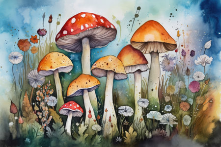 Watercolor illustration of mushrooms in the meadow. Colorful watercolor illustration.の素材