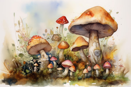 Watercolor illustration of fly agaric mushrooms in autumn forest.の素材