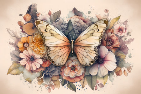 Watercolor painting of butterfly and flowers on old paper background, illustrationの素材