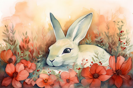Watercolor painting of a white rabbit with red poppies on the background.の素材