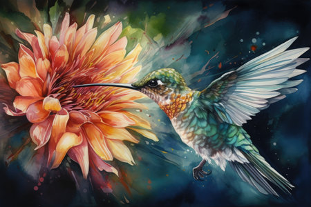 Watercolor painting of a hummingbird flying next to a flower.の素材