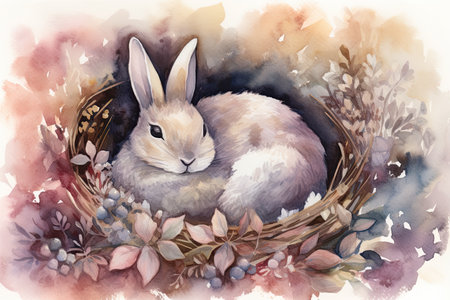 Watercolor painting of a cute little rabbit in a nest with flowersの素材