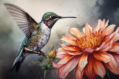 Watercolor painting of a hummingbird with flowers in the background.の素材